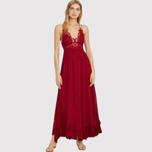 Free People Womens Slip Dress Red Adella Maxi Crochet Lace V Neck Flowy Small